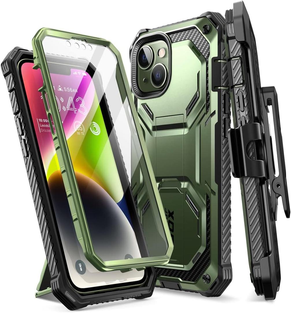 i-Blason Armorbox for iPhone 14 Plus Case with Stand & Belt Clip [Built-in Screen Protector] [Military-Grade Protection] Full-Body Rugged Kickstand Protective Bumper Case for iPhone 14 Plus (Guldan)