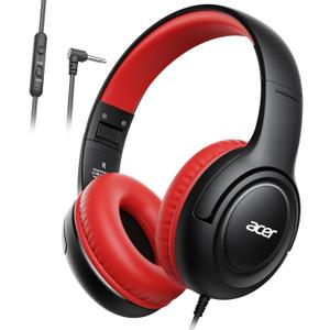 acer Kids Headphones - Over-Ear 85/94dB Volume Limiter, 3.5mm Jack Foldable Stereo Sound Headset for Toddlers Girls Boys Travel Learning Entertainment Tablet Kindle iPad PC Black Red, HK03
