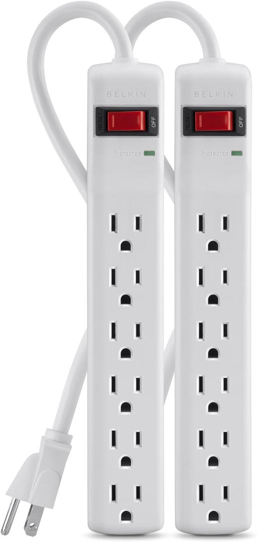 Belkin Power Strip Surge Protector - 6 AC Multiple Outlets, 2 ft Long Heavy Duty Metal Extension Cord for Home, Office, Travel, Computer Desktop & Phone Charging Brick - 200 Joules, White (2 Pack)