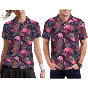 Funny Matching Couple Golf Shirts Short Sleeve Polo Shirts Moisture Wicking Unisex Hawaiian Outfits for Men Women (Large, Flamingo)