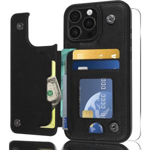 Seltureone for iPhone 16 Pro Max Case Wallet with Card Holder & Screen Protector, Premium PU Leather, Dual Magnetic Clasp and Durable Shockproof for iPhone 16 Pro Max Wallet Case - Black