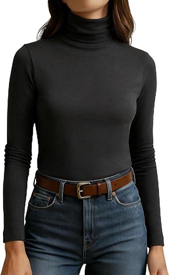 Women's Turtleneck Long Sleeve Shirts Slim Fitted Based Thermal Underwear Lightweight Active Shirt Fall Clothes 2025, Size S (Black)