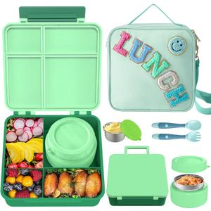 Aimsnk Kids Bento Lunch Box with 8oz Soup Thermo, Kids Leakproof Lunch Food Containers with 4 Compartment,Insulated Hot Food Jar with Lunch Bag for School, Travel (Green)
