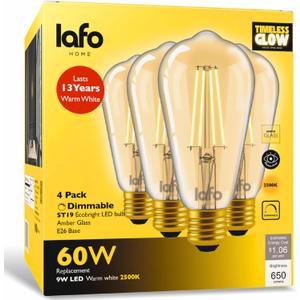4 Pack Dimmable ST19/ST64 LED Edison Bulb 9W 60W Equivalent 650 Lumens Soft Amber 2500K E26 Base CRI90 Amber Glass Straight Filament ETL FCC Certified Vintage Lighting