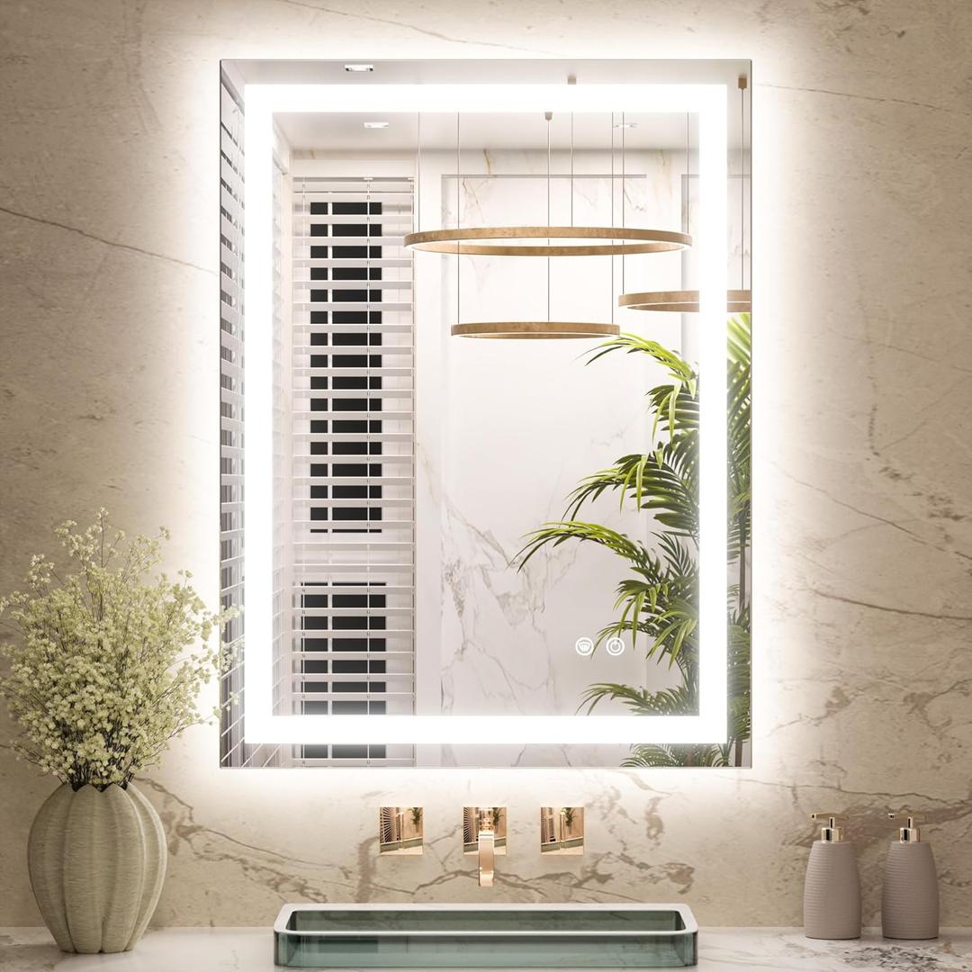 Keonjinn LED Bathroom Mirror 24" x 32" with Frontlit & Backlit, Lighted Mirror for Bathroom Wall with Dimmable 3-Color Lights, Anti-Fog Mirror with HD Tempered Glass, UL-Listed LED Driver (32"L x 24"W)