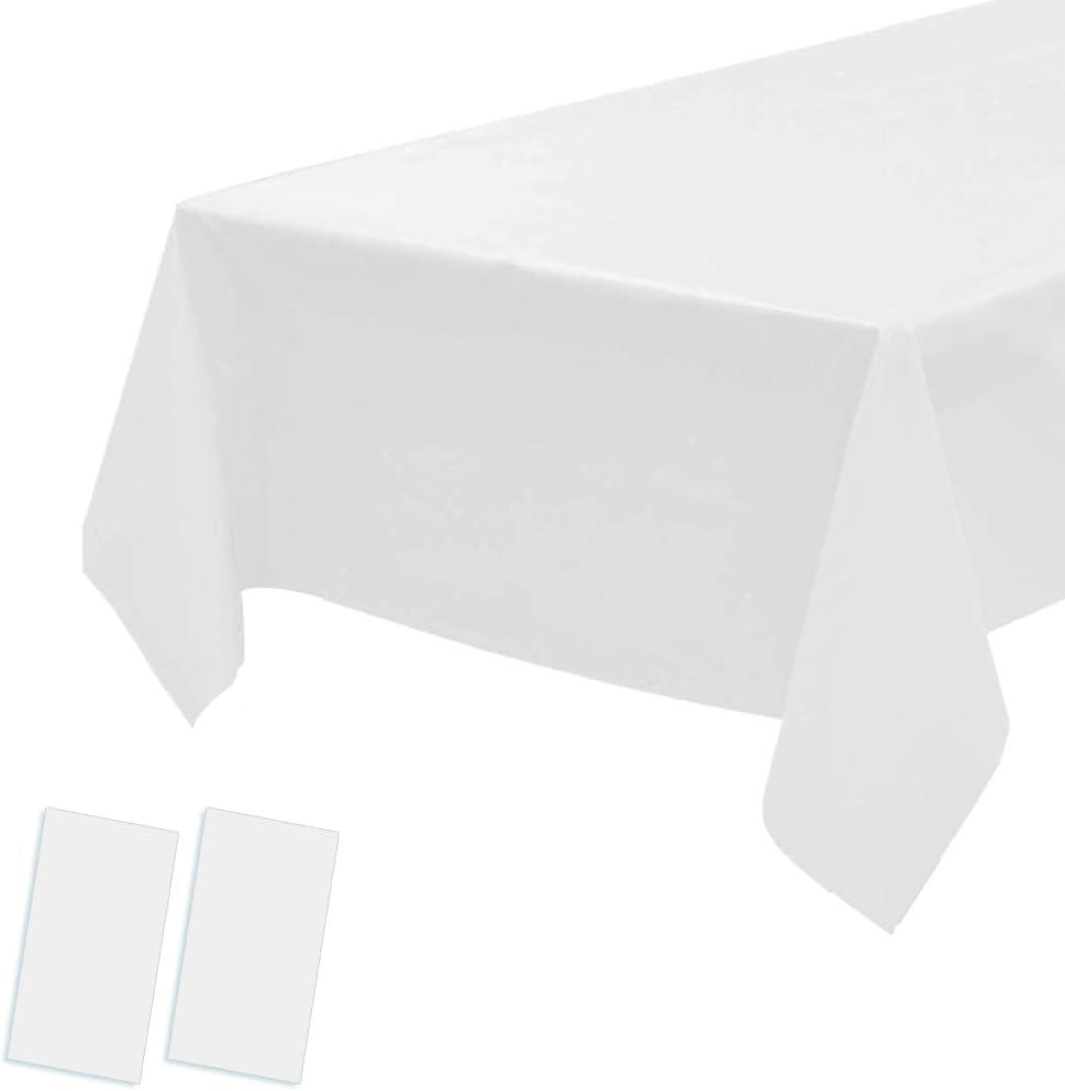 2 Pack Plastic Tablecloths - Disposable Table Covers for Christmas, BBQ, Picnic, Birthday, Wedding, Parties & Xmas - Oil-proof, Thin White Table Cover - 54 x 108 In