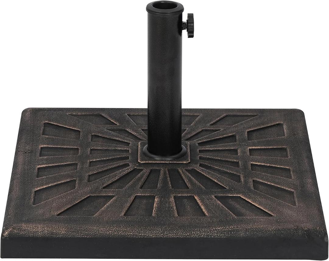 Island Umbrella 42-lb Weather-Resistant Poly Resin Square Umbrella Base – Heavy Duty Umbrella Base w/Anchoring Knob & Metal Powder-Coated Stem for Under Table Use – Patio Umbrella Stand, Bronze