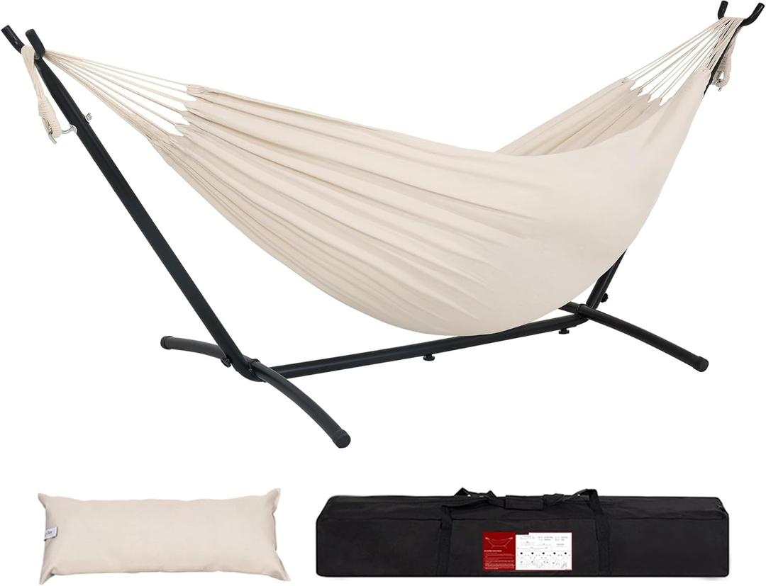 Lazy Daze Hammocks Double Hammock with 9ft Space-Saving Steel Stand Includes Portable Carrying Case, 450 Pounds Capacity (Natural) (Black Frame- Beige)