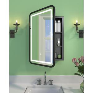 16x24 Inch LED Medicine Cabinet Mirror for Bathroom, Wall Mounted or Recessed Medicine Cabinet with Lights and Mirror, Full Metal, Stable & Removable 2 Shelves, Dimmable 3 Lighting Colors, Black