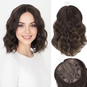11 Inch Hair Topper for Women with Thinning Hair,Wavy Clip-In Wig Topper with Curtain Bangs, Synthetic Hairpiece for Daily Wear(Dark Brown with Highlights)
