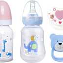 JIZHI 4 Pcs Baby Doll Bottles Set with Magnetic Pacifiers, Baby Doll Accessories for Reborn Baby Doll, Pretend Play Feeding Toy Kids Gift (Pink/Blue)