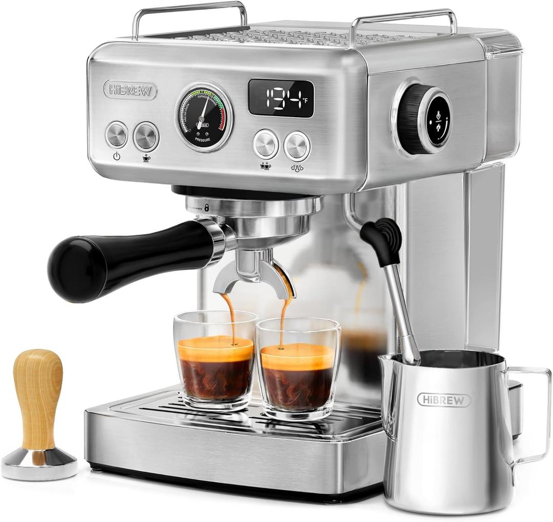HIBREW H10A - Programmable Espresso Machine - 58mm Portafilter in Stainless Steel - Temperature & Cup Volume Adjustable at will - With Intelligent Display Screen & Pressure Gauge. (Silver)