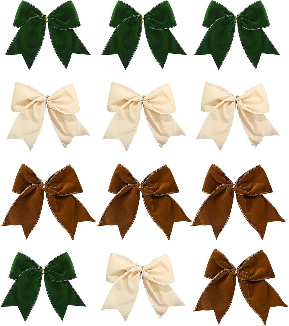 12 Pcs Velvet Christmas Bows 6Inch - Rustic Gift Bows for Wreaths, Tree, Garland Decor and Present Wrapping (Milky White,Brown,Green)