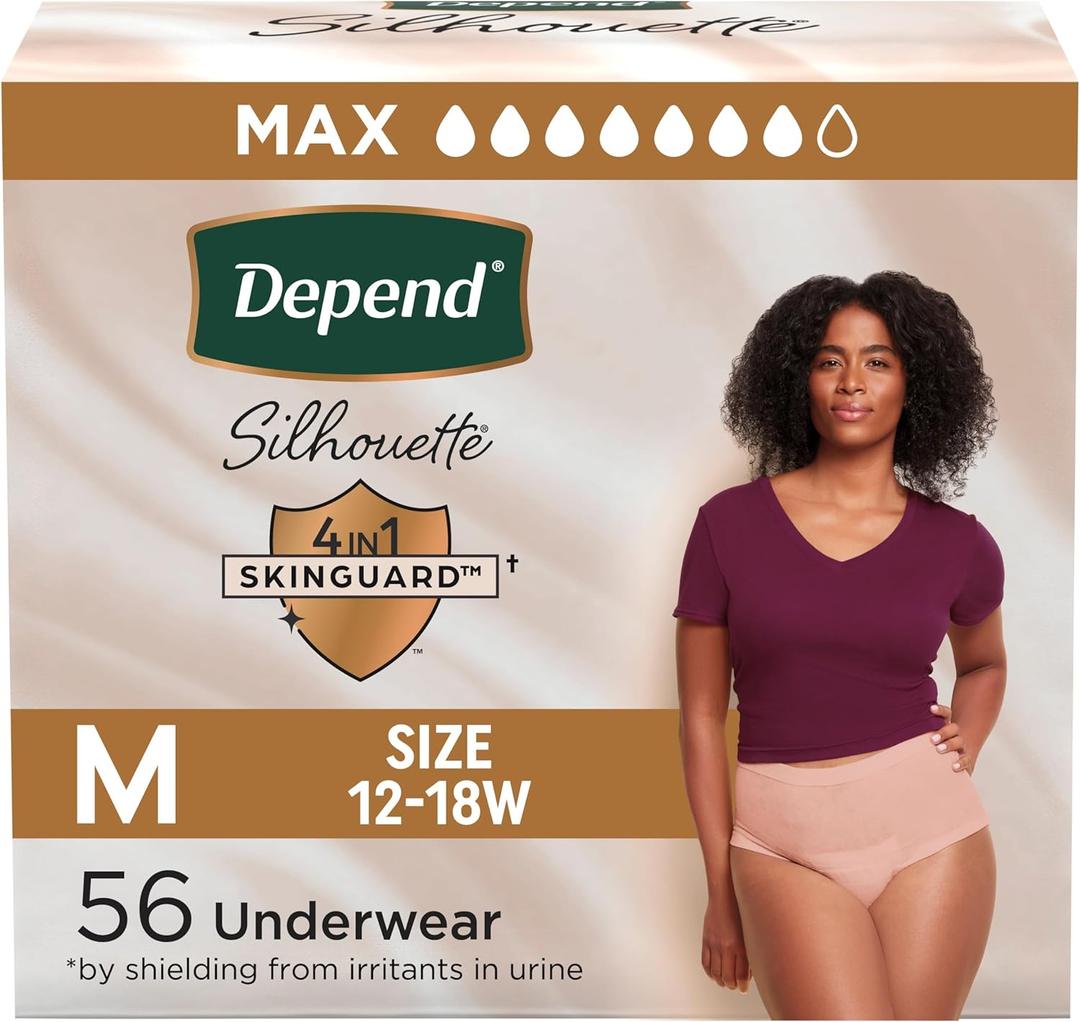 Depend Silhouette Adult Diapers, Incontinence & Postpartum Bladder Leak Underwear for Women, Maximum Absorbency, Medium, Pink, 56 Count (2 Packs of 28), Packaging May Vary
