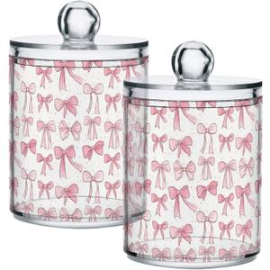 Gredecor 2 Pack Qtip Holder Clear Aesthetic Pink Ribbon Bow Doodle Apothecary Jars with Lids Acrylic Bathroom Jars Vanity Countertop Canister Storage Organizer for Cotton Ball,Swabs,Pads,Floss