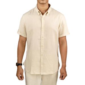 Mens Linen Blend Short Sleeve Casual Shirt for Vacation, Holiday, Casual Party, Lightweight Button Down Shirt (Large, Oatmeal)