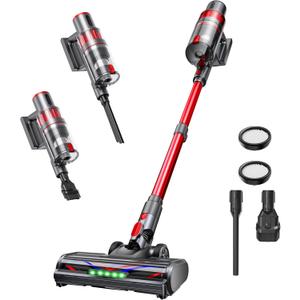 Cordless Vacuum Cleaner, 600W/50KPA, Up to 60 Minutes, Stick Vacuum with Rechargeable Design, Powerful Suction, Lightweight, Vacuum Cleaner for Home/Pet Hair/Carpet/Hard Floor, Red