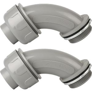 Conduit Connectors, 1-1/2 Inch Liquid Tight Connector NPT Non-Metallic for PVC Electrical Flexible Conduit Fittings, 90 Degree, UL Listed for Home Outdoor Tubes Tools, Grey (2-Pack)