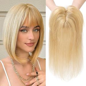 REECHO Real Human Hair Toppers for Women, 10 Inch with Bangs, Golden Blonde