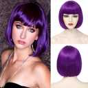Purple Bob Wig With Bangs Short Dark Purple Bob Wigs For Women Straight Bob Bangs Wig 10 Inch Heat Resistant Synthetic Hair Natural Looking For Daily