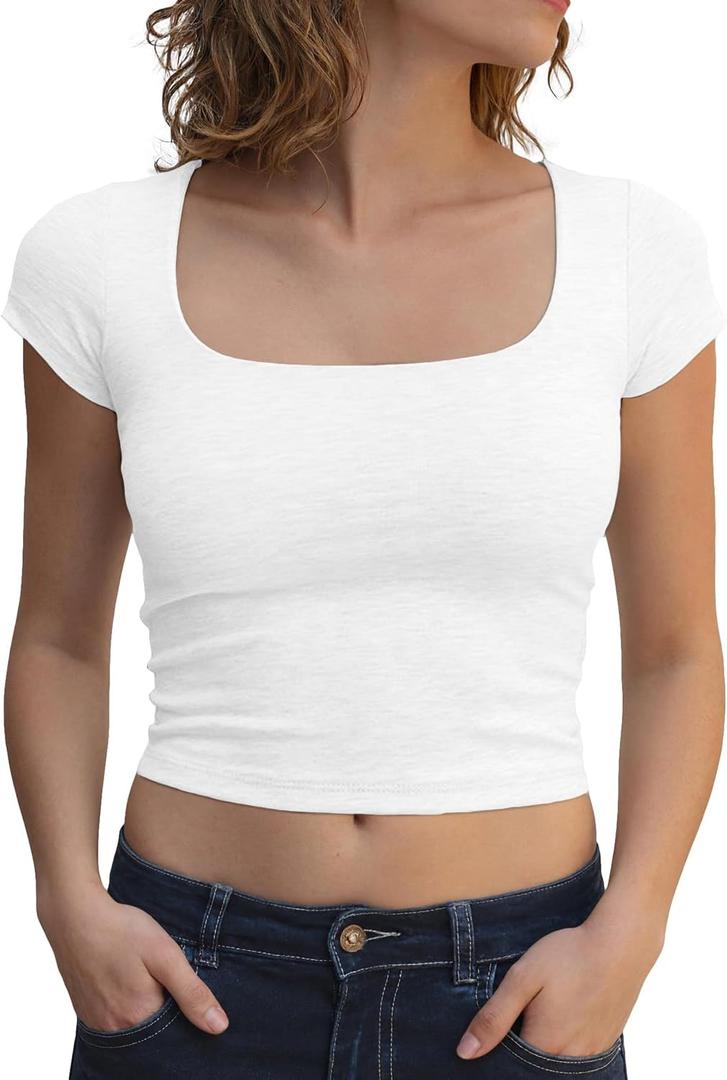 BAIGRAM Women Square Neck Double Lined Crop Tshirt Short Sleeve Slim Fit Micro Baby Tee Y2K Preppy Going Out Tops Teen Girls White (White, M)