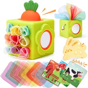 hahaland Baby Tissue Box Toy - Silicone Baby Toys 6-12 Months Montessori Toys for 6 Month Old Easter Basket Stuffers, 6-in-1 Soft Busy Activity Cube Scarves, Crinkle, Textures, Mirror, Sensory Popper