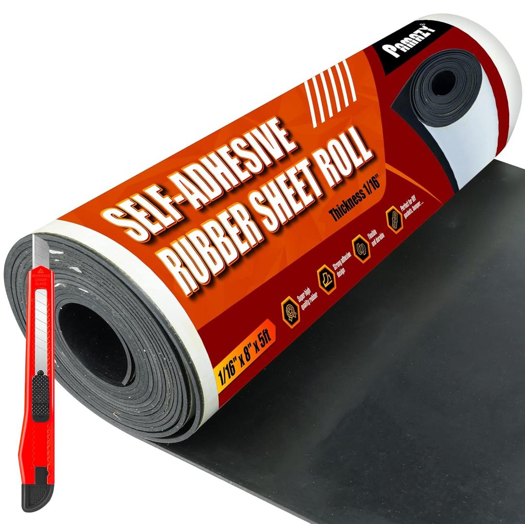 PAMAZY Neoprene Rubber Sheet Roll 1/16" Thick x 8" Wide x 5Ft Long with Adhesive Backing (Including Utility Knife), Heavy Duty Self Rubber Seal Strips Roll for DIY Gaskets, Flooring, Seals