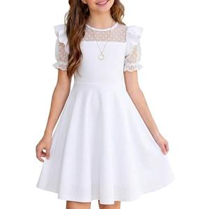 Seechoslo NEW 11-12 Years Girls Dress Mesh Polka Dot Ruffle Sleeve A-Line Party Skater Dress Wedding Guest Graduation Formal, White