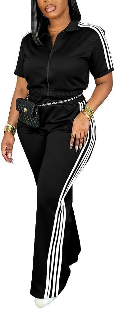 HBQ Women's Two Piece Tracksuit Set Short Sleeve Zip Up Polo Top Side Stripe Flare Pants with Pocket Athletic Casual Outfit (X-Large, Black)