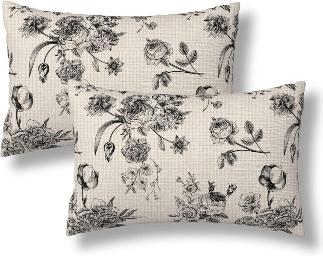 Vintage Floral Lumbar Throw Pillow Covers 12x20 Set of 2 Black Flowers Decorative Pillow Cover Roses Outdoors Pillowcase Cushion Case Home Decor for Sofa Couch Bed Bedroom