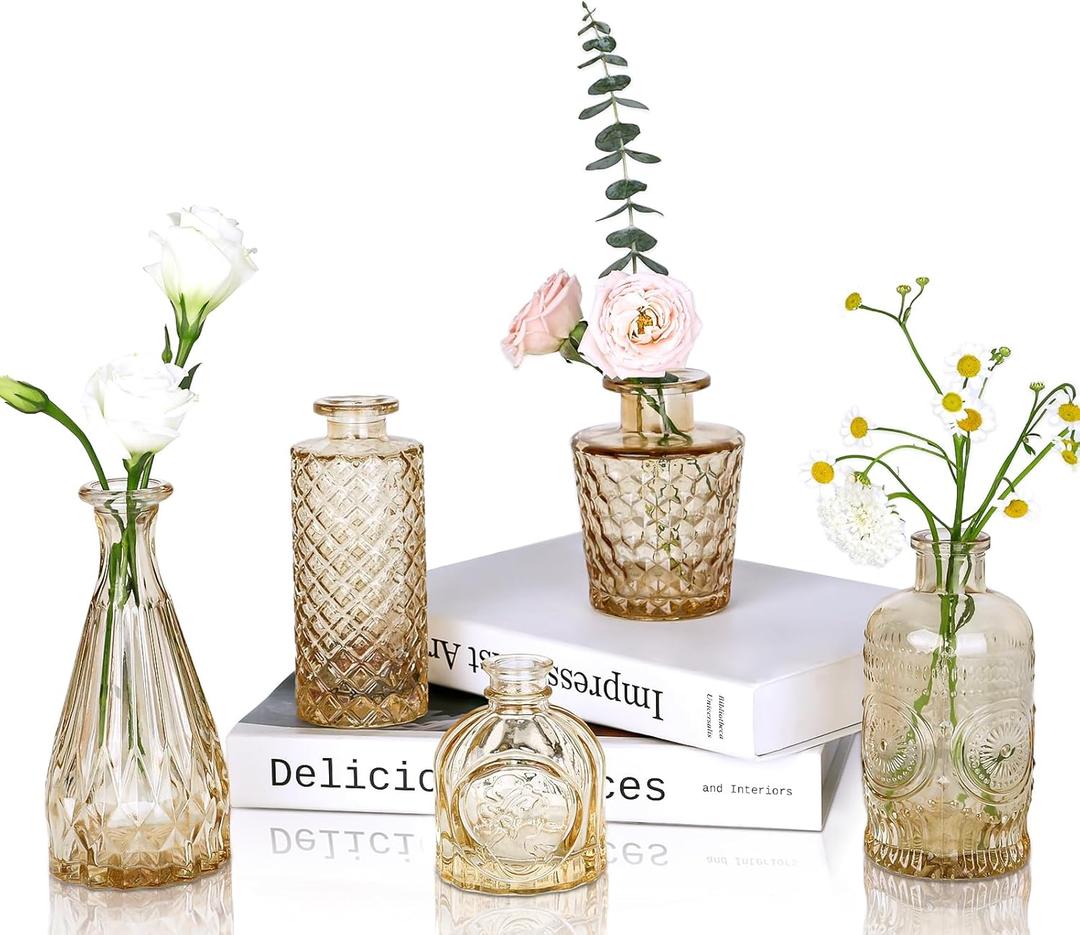 UPBUD Glass Bud Vases Set of 5, Mini Flower Vases for Centerpieces, Small Clear Vases in Bulk for Wedding Decorations, Vintage Vases for Table, Recepetion, Home Décor (Amber)