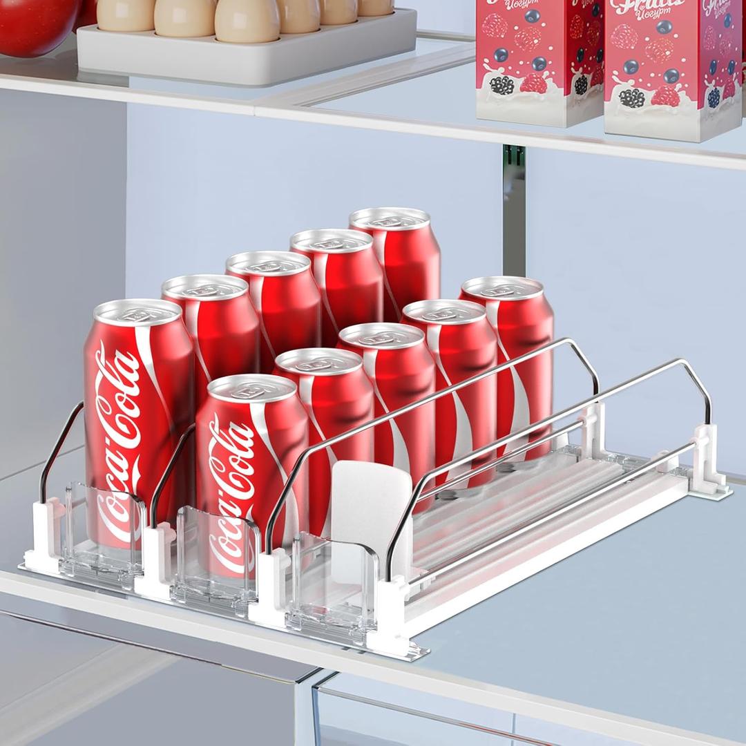 Drink Organizer for Fridge,Self Pushing Fridge Drink Organizer,Automatic Drink Dispenser for Fridge-Holds up to 15 Cans, 14.96inch, White