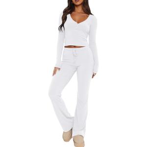 REVETRO Lounge Sets For Women Sexy V Neck Pajama Set Long Sleeve Shirts 2 Piece PJ Set Y2k Workout Sets For GYM (Small, White)