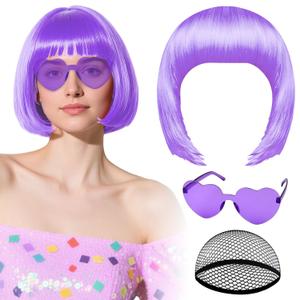 PLULON Light Purple Bob Wig with Heart Sunglasses Hair Cap, Colorful Short Bob Wigs Synthetic Party Wigs Funny Cosplay Hairpieces for Women Men Neon Bachelorette Halloween Costume Party Decorations