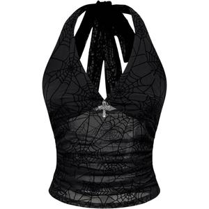 Verdusa Women's Y2k Gothic Goth Halter Top Mesh Sheer Backless Crop Tops Emo Grunge Witchy Clothes Halloween Costumes (Medium, Black)