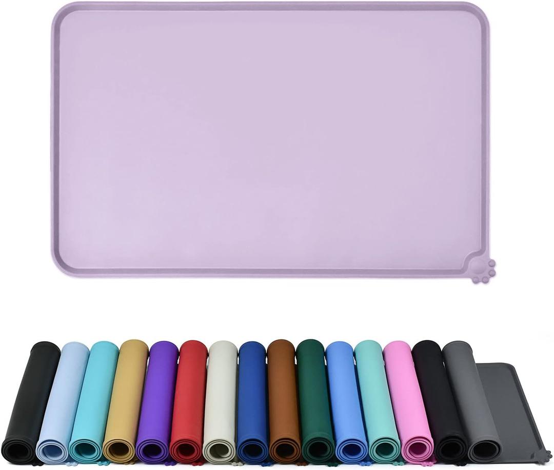 Waterproof Pet Feeding Mat with High Raised Edges, Heavier and Thicker Placemats for Cat Dog Water Bowl with BPA Free, Dogs Cats Food Mats for Messy Drinkers to Prevent Spill and Protect Floors (22" x 14", Lavender)