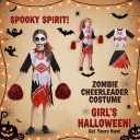 Cheerleader Costume Girls with Pompoms Red Bow Horror Scary Dresses Bloody Outfit Gift for Halloween Party Cosplay (Medium)