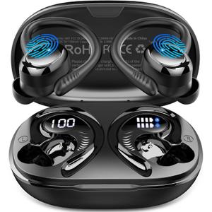 Hupoaf Wireless Earbuds Sport, NEW Bluetooth 5.4 Headphones with Earhooks, 50H Stereo Deep Bass Over Ear Buds with 4 ENC Noise Canceling Mics, IP7 Waterproof Earphones for Running Workout Gym -Black