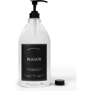 Calindiana Modern Farmhouse Bleach Liquid Laundry Detergent Dispenser for Laundry Room Decor and Organization, PET Plastic Landry Soap Containers with Water Resistant Label, Clear 64oz
