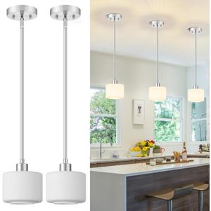 Milk Glass Pendant Lights Kitchen Island 2 Pack, Modern Brushed Nickel Hanging Light Fixtures with Rods, Mini Kitchen Pendant Lighting Over Island for Sink Bathroom, OS-YQ8153-2PBN