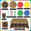 206PCS Building Block Birthday Party Supplies, Plates, Napkins, Cups, Cutlery, Cake & Cupcake Toppers, Banner, Hanging Swirls, Tablecloth, Balloons for Boys Birthday Party Decorations Serve 24 Guests