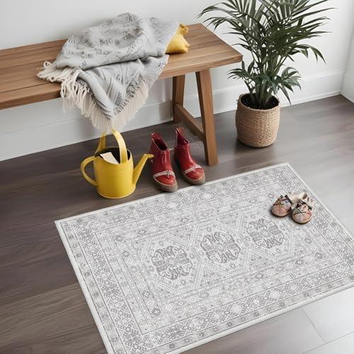 Washable Area Rug Non Slip - 2x3 Small Kitchen Boho Rug Vintage Entryway Low Pile Carpet for Doormat Grey