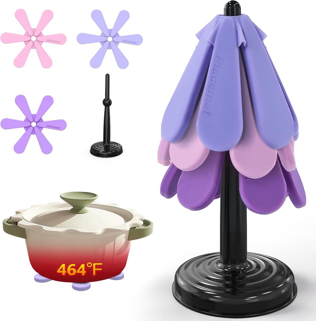 IPOW Festive Silicone Tree Trivet Set for Hot Pots & Pans - Heat-Resistant, Space-Saving Holiday Kitchen Decor & Practical Gift (Dishwasher Safe) Purple