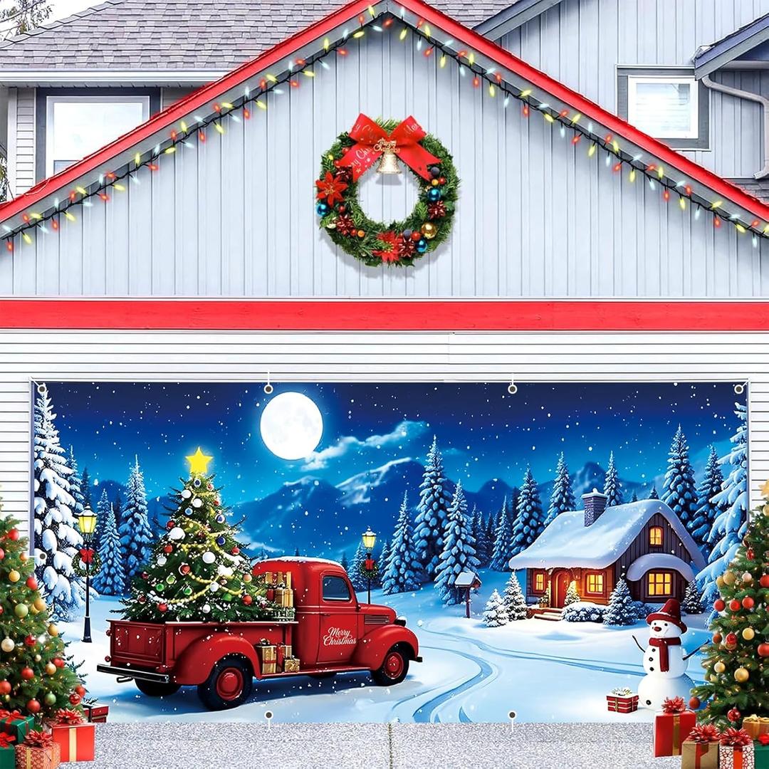Christmas Garage Door Cover Decorations 7x16 Ft Winter Forest Xmas Trees Truck Snowman Village Night Backdrop Banner Large Holiday Party Background Murals Decor