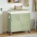 WOWLIVE Double Laundry Hamper with Lid, Handwoven Rolling Laundry Basket with Wheels, 115L Dirty Clothes Hamper with Removable Liner Bag Large Capacity Laundry Sorter Laundry Room Organization,Green