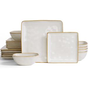 Famiware Ocean Square Plates and Bowls Set, 18 Pieces Dinnerware Sets, Dishes Set for 6, Microwave and Dishwasher Safe, Scratch Resistant, Cappuccino White