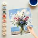 EnLvYY Paint by Numbers Kit for Adults, DIY Acrylic Painting on Canvas, Flowers in Vase with Pink & White Bouquet, Ocean View Wall Art, Beginner Gift for Friends and Family,16X20IN Framed