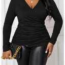 RoseSeek Women's Plus Size V Neck Wrap T Shirts Long Sleeve Slim Fit Ruched Tee Tops Office Work Clothes Black Large Plus