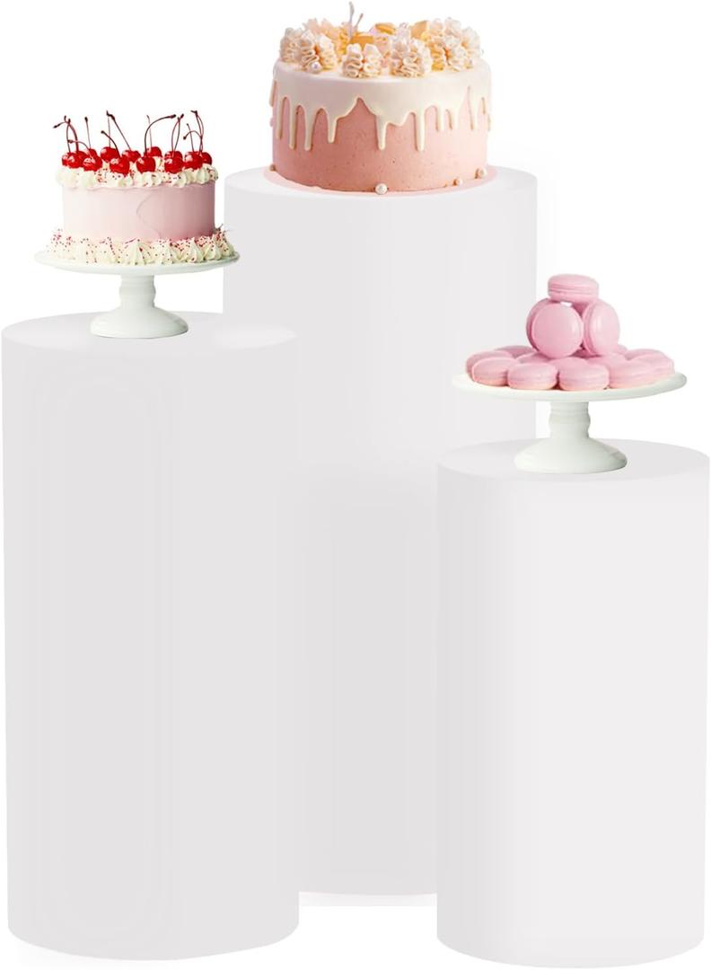 Cylinder Stand Covers for Party 3Pcs Spandex Cylinder Pedestal Stand Covers Cylinder Plinth Stand Cover for Party Backdrop Decor Baby Shower Birthday Wedding, White