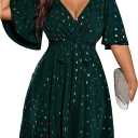 Women's Plus Size Sparkly Cocktail Party Dress Wrap V Neck | Glitter, Sequin, Short Dress, Short Sleeve, Belted, Sparkle Dress for Women Plus Size,Knee High, Dark Green, 4X-Large Plus
